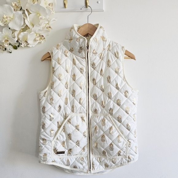 Simply Southern White & Gold Pineapple Quilted Sleeveless Puffer Vest Size Small - Picture 3 of 16